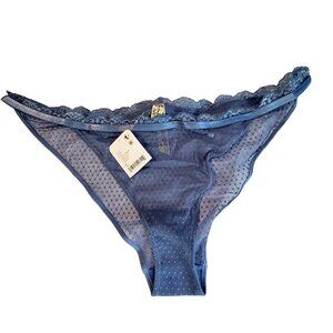 Free People Intimately Misty Blue Lace Trim Sheer Polka Dot Panty  Size XL